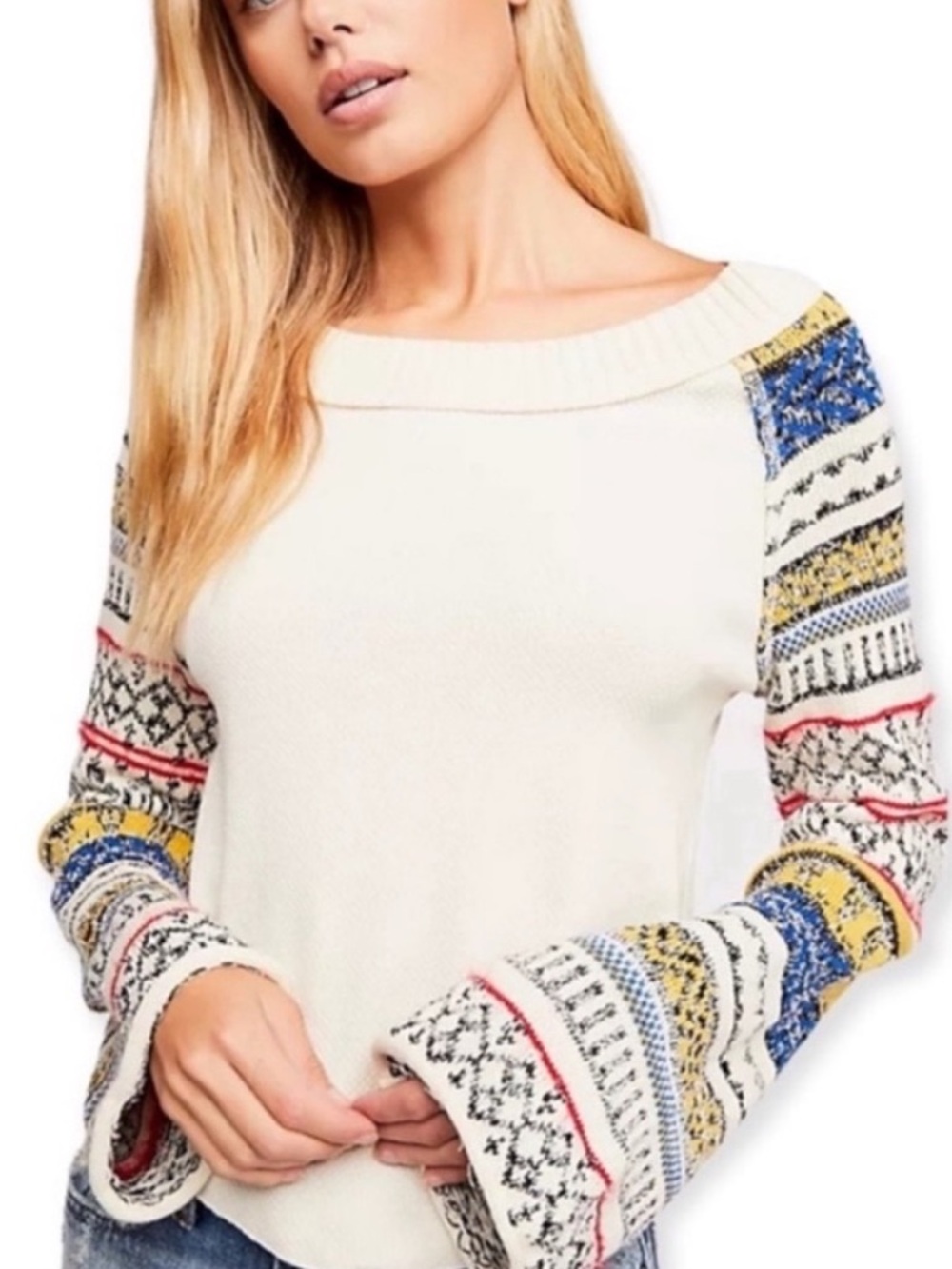 Free People Cream Knit Top with Multicolor Fair Isle Sleeves